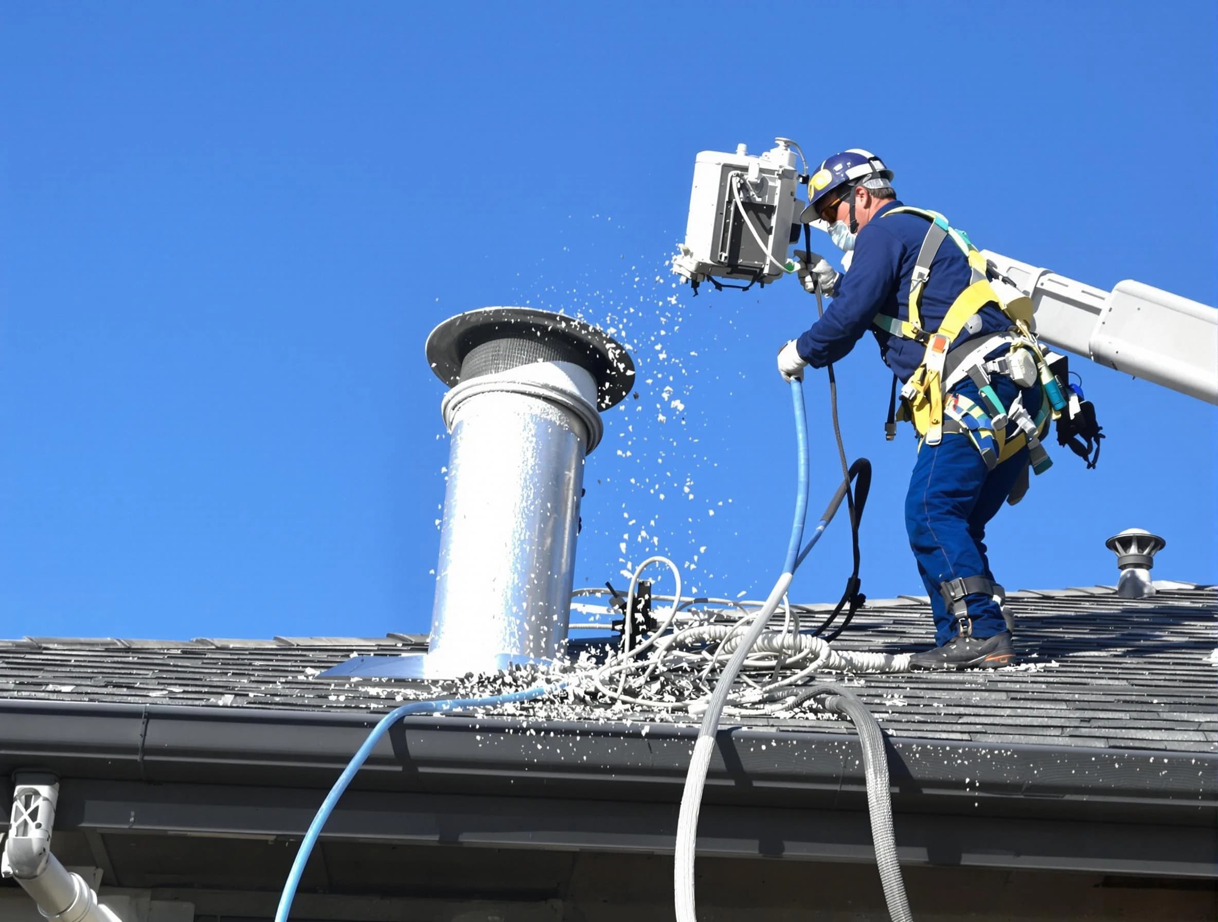 Lovejoy Dryer Vent Cleaning certified technician safely cleaning a roof-mounted dryer vent in Lovejoy