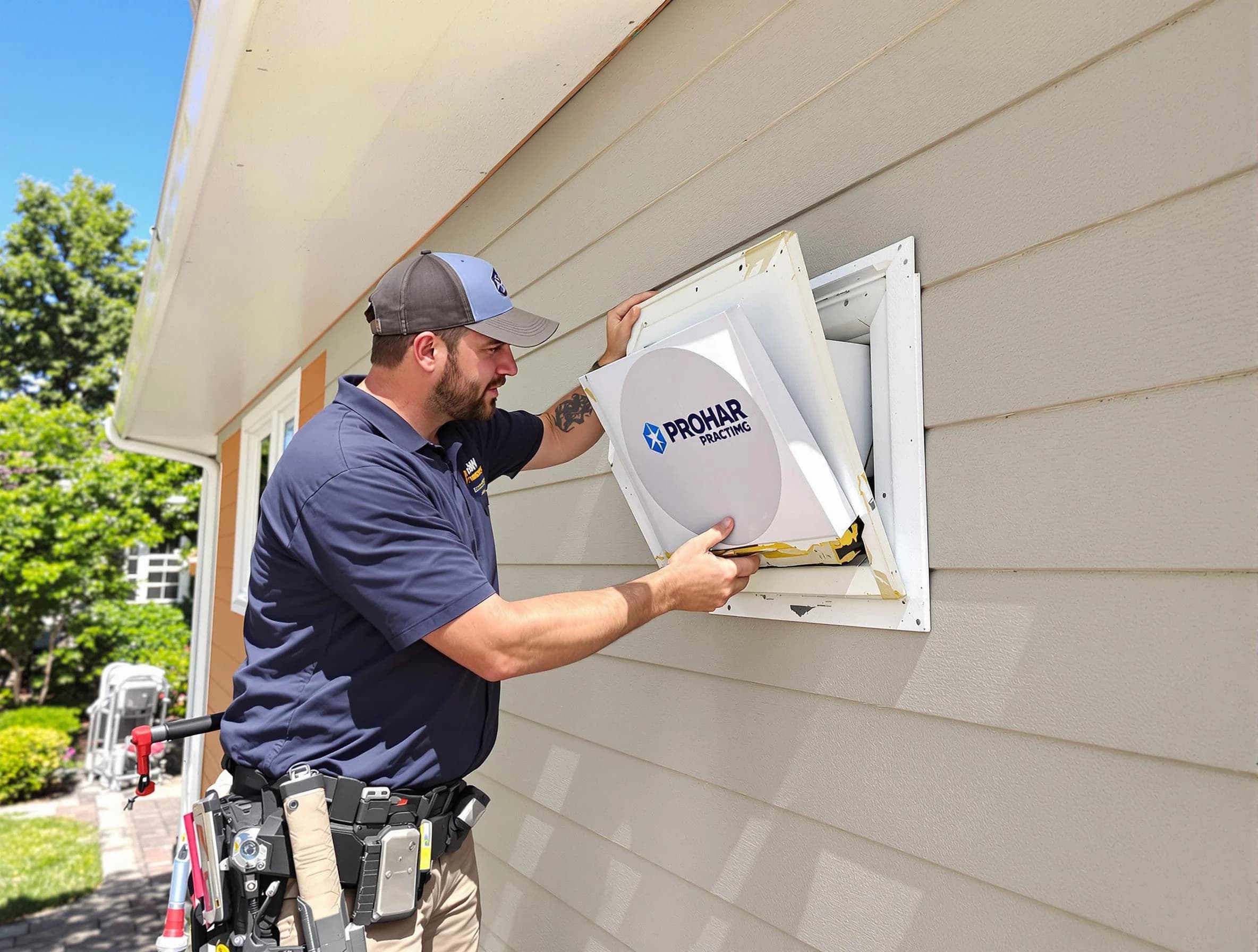 Lovejoy Dryer Vent Cleaning technician installing a new protective dryer vent cover on a home in Lovejoy